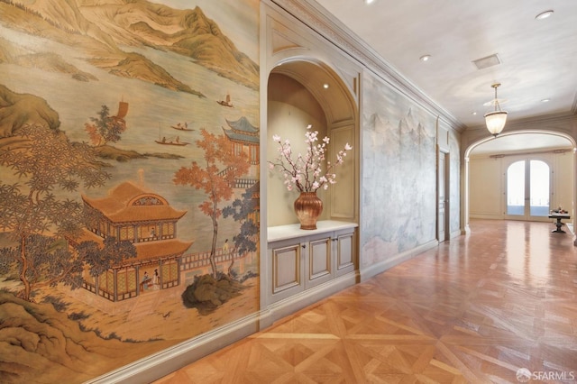 2000 Washington St Unit 4, San Francisco, CA 94109 - hall with arched walkways, ornamental molding, baseboards, french doors, and recessed lighting