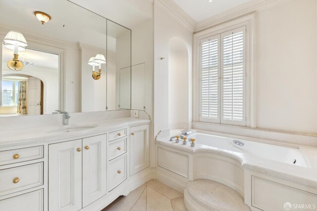 2000 Washington St Unit 4, San Francisco, CA 94109 - full bath featuring healthy amount of natural light, a garden tub, vanity, tile patterned floors, and ornamental molding