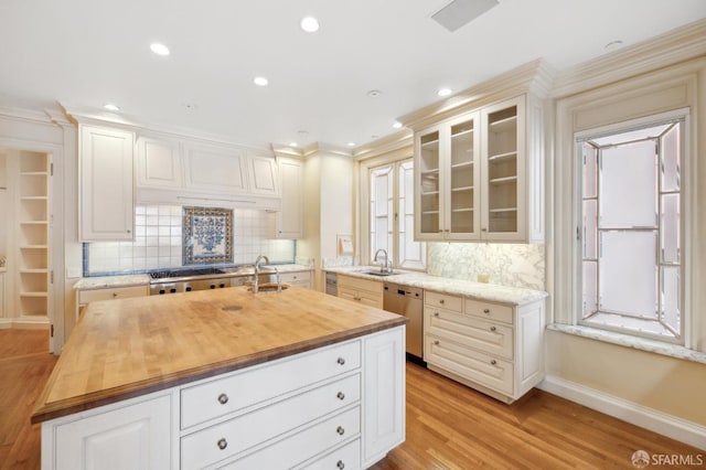 2000 Washington St Unit 4, San Francisco, CA 94109 - kitchen with wooden counters, a sink, light wood-style floors, appliances with stainless steel finishes, and ornamental molding