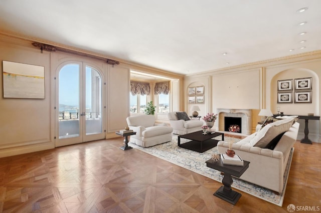 2000 Washington St Unit 4, San Francisco, CA 94109 - living room featuring ornamental molding, french doors, baseboards, a lit fireplace, and recessed lighting