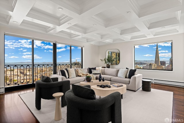 living room featuring plenty of natural light, beam ceiling, and hardwood / wood-style floors