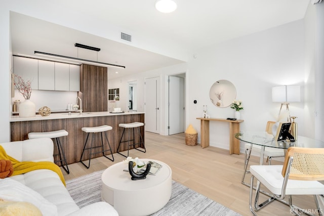 living room featuring light hardwood / wood-style floors and sink