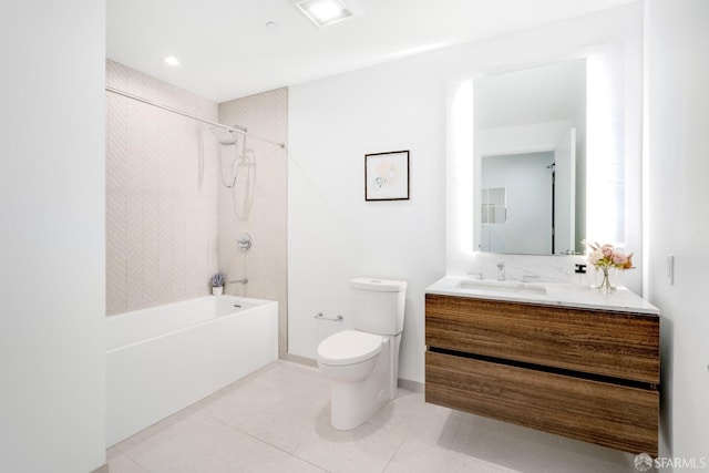 full bathroom featuring tile patterned floors, tiled shower / bath combo, vanity, and toilet