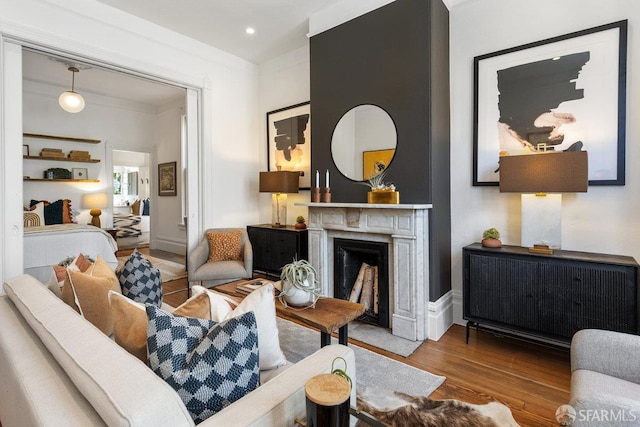 69 Pond St, San Francisco, CA 94114 - living room featuring wood finished floors, a premium fireplace, and recessed lighting
