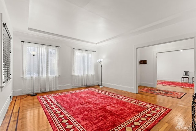 interior space with a tray ceiling, baseboards, and wood finished floors