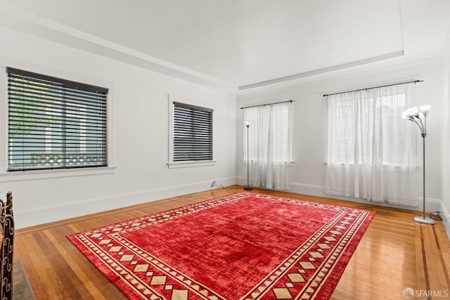 interior space with baseboards, a raised ceiling, and wood finished floors