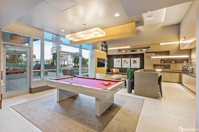 playroom featuring sink, billiards, and light tile patterned floors