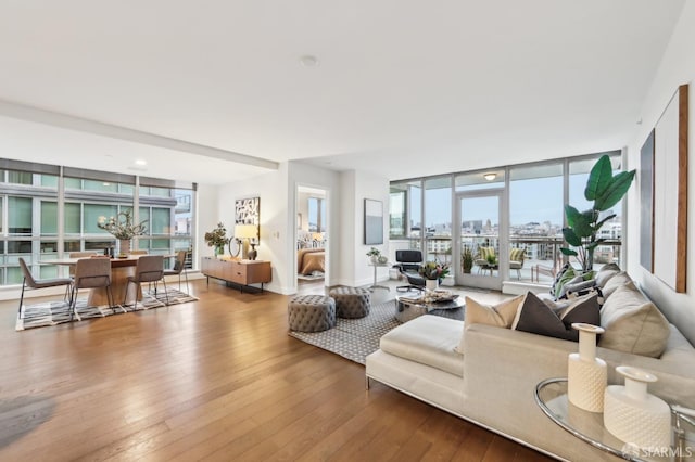 living room featuring hardwood / wood-style floors and a wall of windows