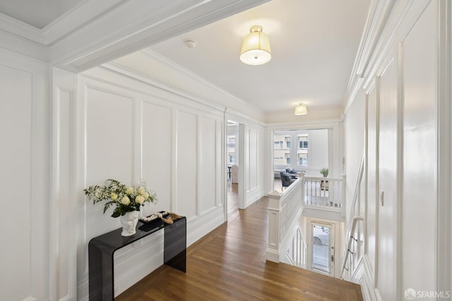 2427 Franklin St, San Francisco, CA 94123 - corridor with an upstairs landing, a decorative wall, dark wood-type flooring, and ornamental molding