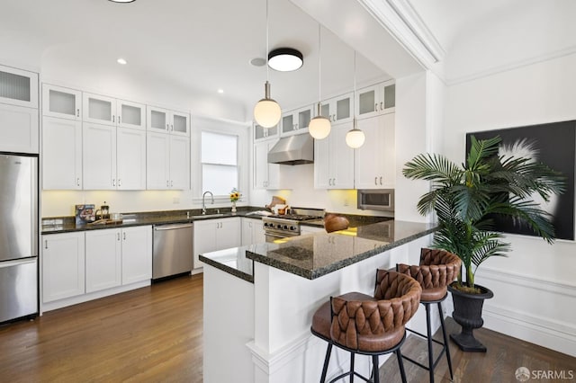 2427 Franklin St, San Francisco, CA 94123 - kitchen featuring stainless steel appliances, exhaust hood, white cabinetry, a kitchen breakfast bar, and dark wood-style flooring