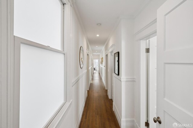 2427 Franklin St, San Francisco, CA 94123 - hall featuring dark wood-type flooring, ornamental molding, and recessed lighting