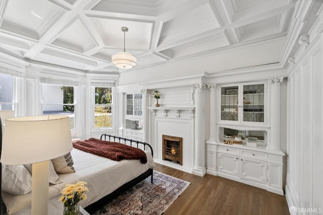 2427 Franklin St, San Francisco, CA 94123 - bedroom with coffered ceiling, a lit fireplace, dark wood finished floors, beam ceiling, and ornamental molding