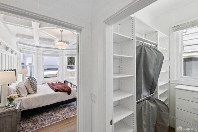 2427 Franklin St, San Francisco, CA 94123 - spacious closet featuring coffered ceiling, beam ceiling, and wood finished floors