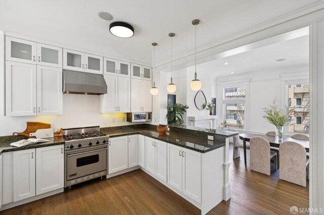 2427 Franklin St, San Francisco, CA 94123 - kitchen featuring appliances with stainless steel finishes, under cabinet range hood, dark wood-style flooring, white cabinetry, and recessed lighting