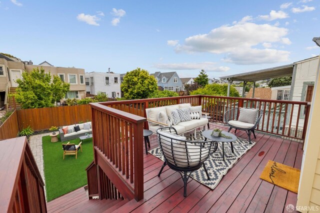 57 Theresa St, San Francisco, CA 94112 - deck with an outdoor living space, a residential view, and a fenced backyard