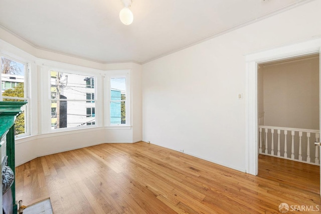 empty room featuring wood-type flooring and crown molding