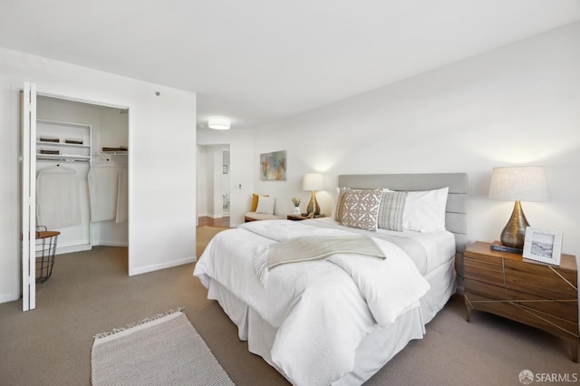 carpeted bedroom featuring a spacious closet, baseboards, and a closet