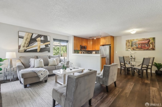 1140 Whipple Ave Unit 21, Redwood City, CA 94062 - living area with a textured ceiling, rail lighting, dark wood-style floors, and baseboards