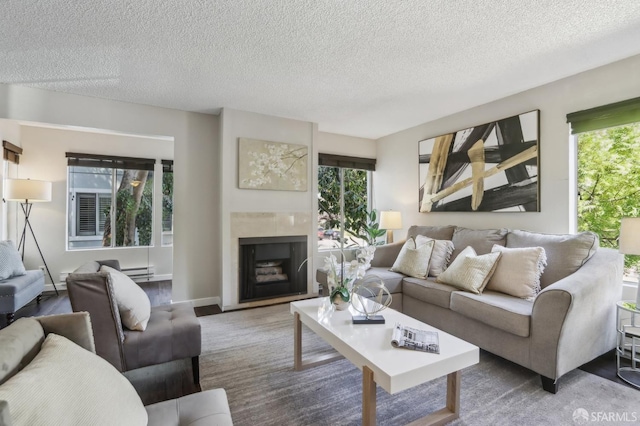 1140 Whipple Ave Unit 21, Redwood City, CA 94062 - living area featuring a textured ceiling, a fireplace, and a baseboard radiator