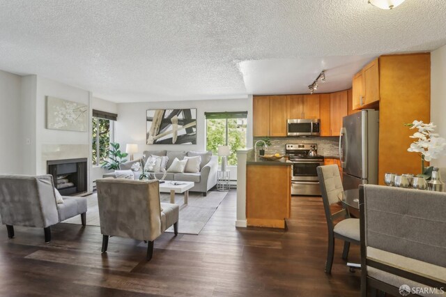 1140 Whipple Ave Unit 21, Redwood City, CA 94062 - living area with dark wood-style flooring, a textured ceiling, track lighting, and a fireplace