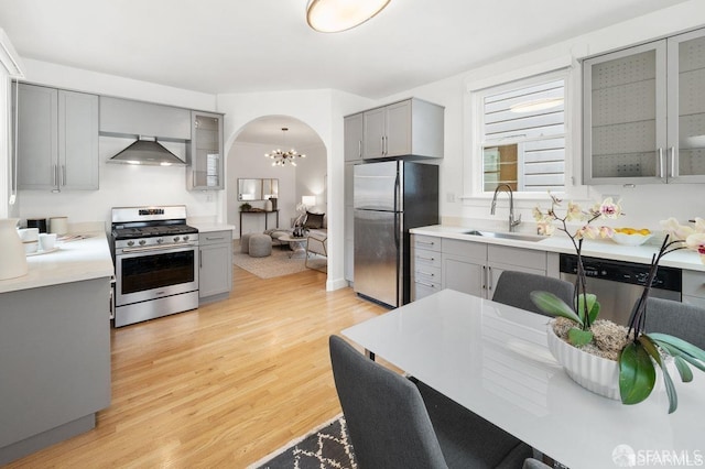 kitchen with arched walkways, gray cabinetry, stainless steel appliances, a sink, and wall chimney exhaust hood