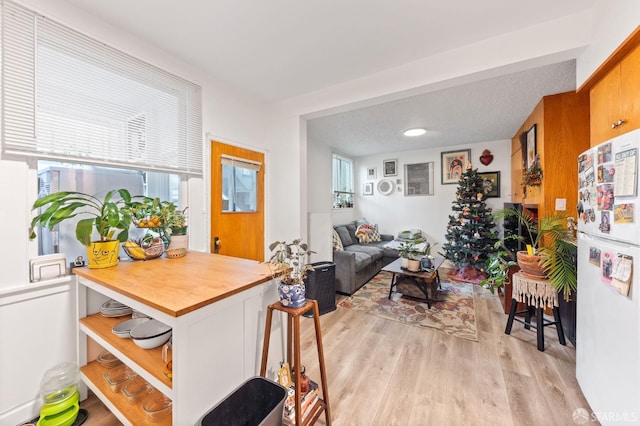 interior space featuring freestanding refrigerator, open floor plan, light wood finished floors, and open shelves