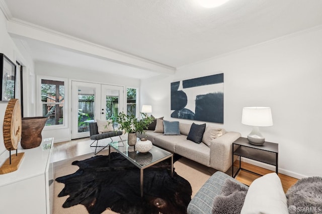 living room featuring french doors, ornamental molding, and wood-type flooring