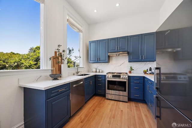 3470 20th St Unit 2, San Francisco, CA 94110 - kitchen featuring stainless steel appliances, blue cabinets, light wood-style flooring, backsplash, and recessed lighting
