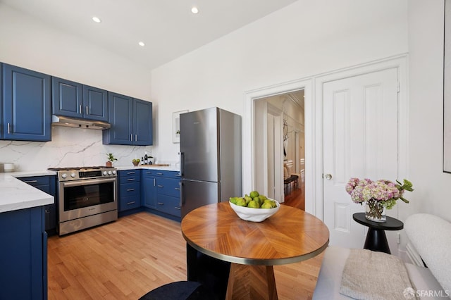 3470 20th St Unit 2, San Francisco, CA 94110 - kitchen with stainless steel appliances, blue cabinetry, under cabinet range hood, decorative backsplash, and recessed lighting
