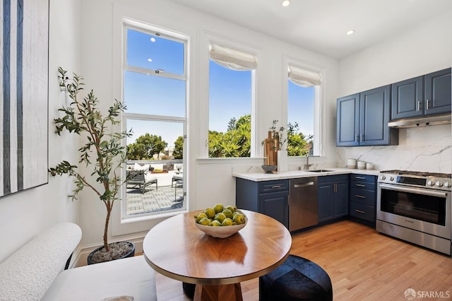 3470 20th St Unit 2, San Francisco, CA 94110 - kitchen with stainless steel appliances, blue cabinetry, light wood finished floors, recessed lighting, and light countertops
