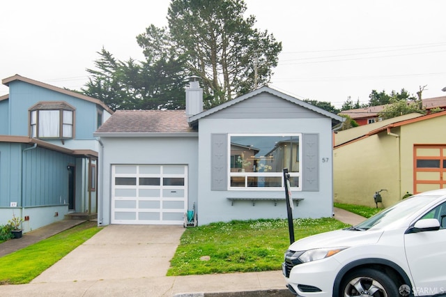 view of front of home with a garage, concrete driveway, a chimney, roof with shingles, and stucco siding