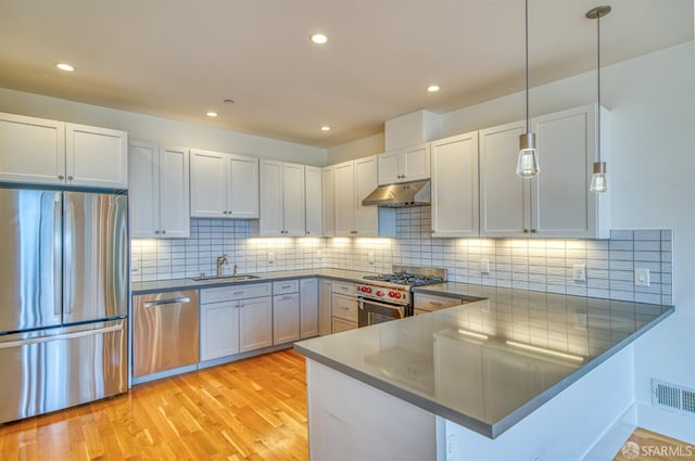 kitchen with appliances with stainless steel finishes, pendant lighting, white cabinets, and kitchen peninsula