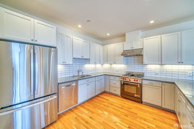 kitchen with stainless steel appliances, sink, white cabinetry, light wood-type flooring, and tasteful backsplash