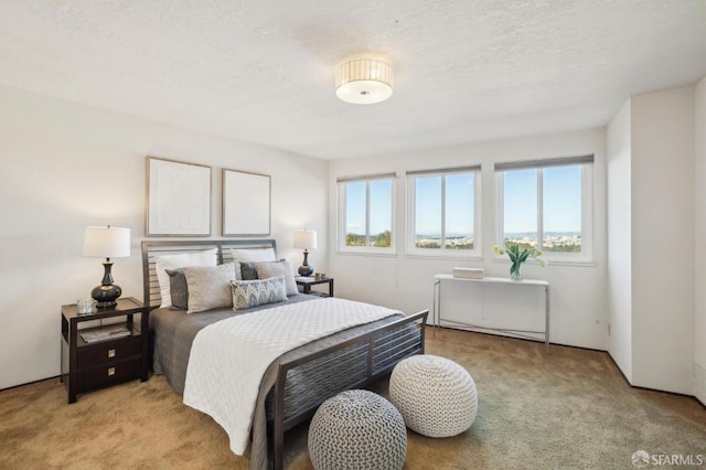 bedroom featuring light carpet, multiple windows, and a textured ceiling