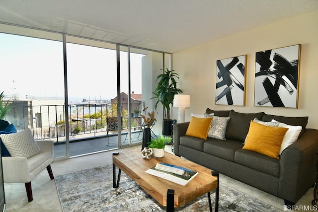 living room featuring a wall of windows and carpet