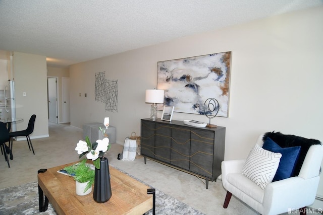 living room with a textured ceiling and carpet flooring