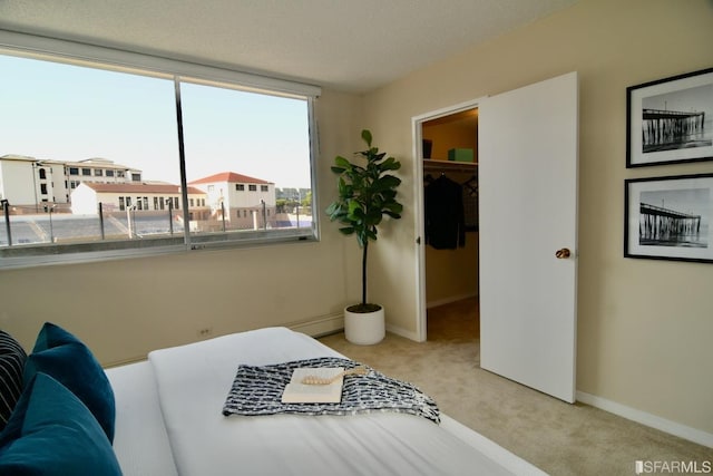 carpeted bedroom with a spacious closet, baseboards, and a closet