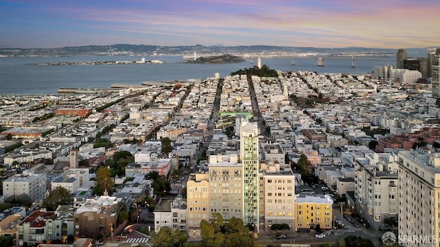 aerial view featuring a view of city and a water view