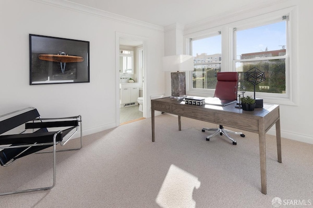 carpeted office space with baseboards and crown molding