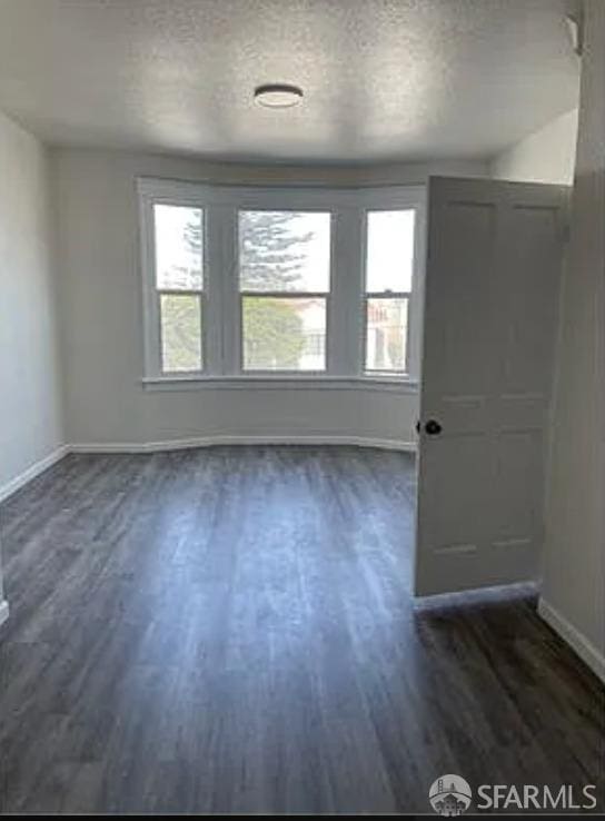unfurnished room featuring a wealth of natural light, a textured ceiling, and dark wood-style flooring