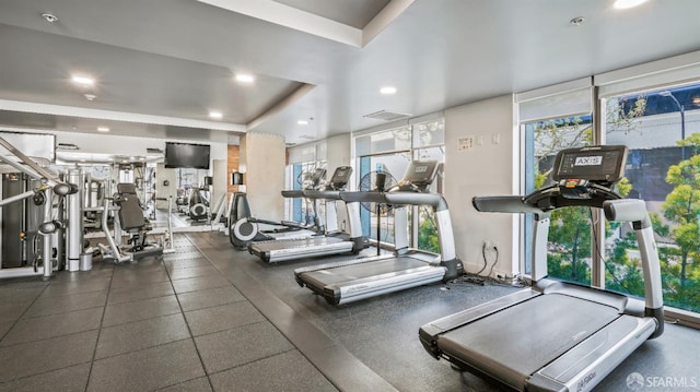 38 N Almaden Blvd Unit 1419, San Jose, CA 95110 - exercise room with plenty of natural light, recessed lighting, and a raised ceiling