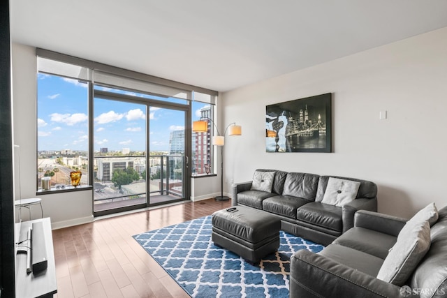 38 N Almaden Blvd Unit 1419, San Jose, CA 95110 - living room featuring a city view, baseboards, and wood finished floors