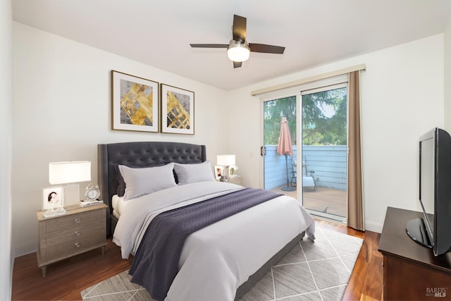 bedroom featuring access to exterior, dark wood finished floors, baseboards, and a ceiling fan