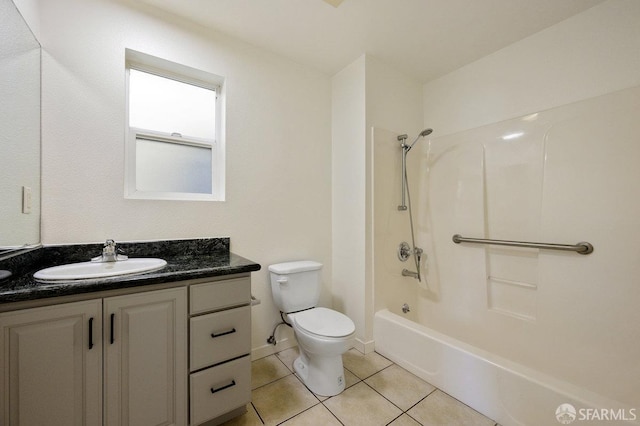 full bathroom with shower / bathing tub combination, toilet, vanity, and tile patterned floors