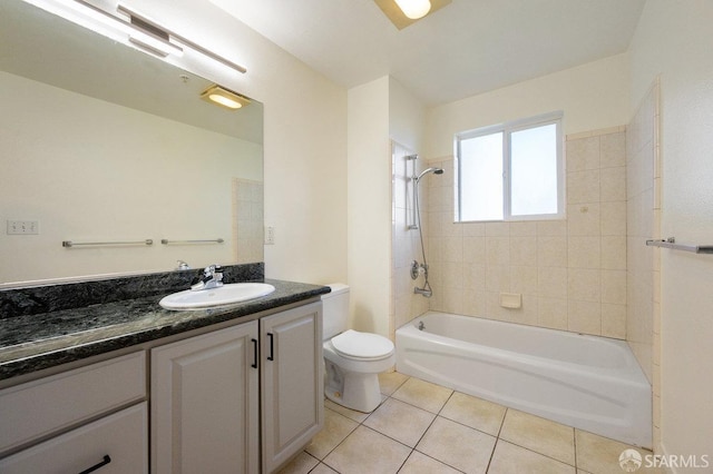 full bathroom featuring vanity, tile patterned flooring, tiled shower / bath combo, and toilet