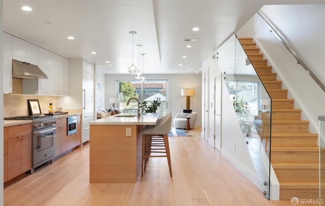 kitchen with a kitchen island with sink, sink, pendant lighting, high end stainless steel range, and white cabinets