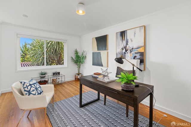 office space featuring wood finished floors, crown molding, and baseboards