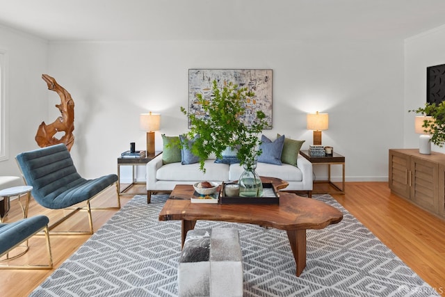 living room featuring wood finished floors, baseboards, and ornamental molding