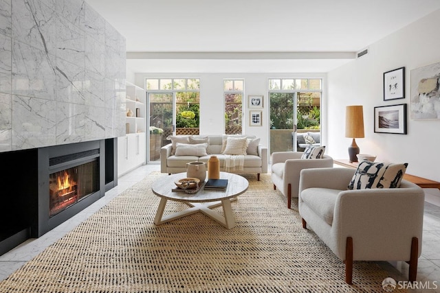 living room with a fireplace