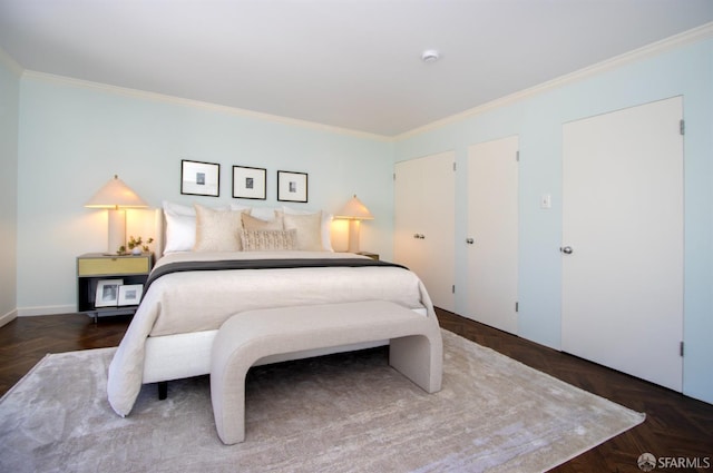 bedroom with crown molding